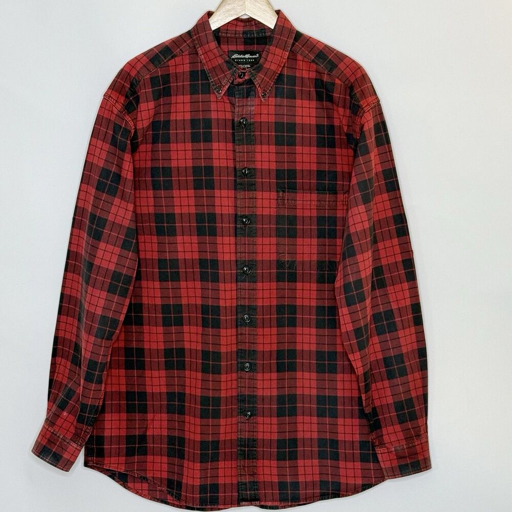 EDDIE BAUER Long Sleeve Button Shirt Mens L TALL Red Black Windowpane Plaid READ